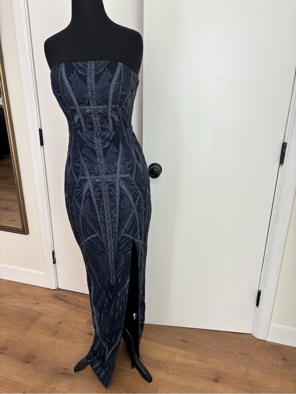 Bariano Strapless Navy Patterned Evening Gown with Front Slit